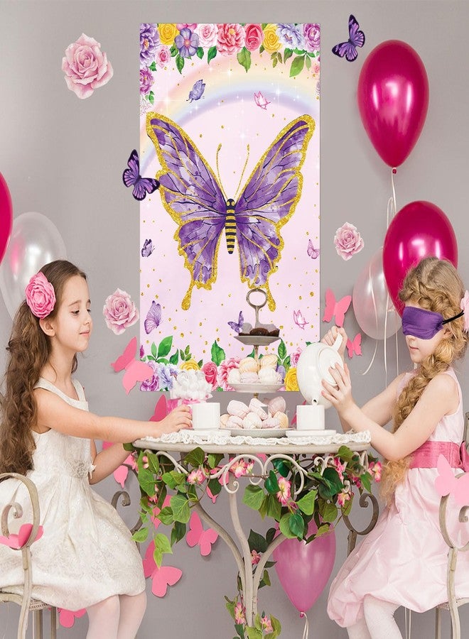 Lemicin Pin The Tail on The Butterfly With 32 Pcs Tails, Large Purple Butterfly Party Games with Spring Flowers Poster for Kids Boys Girls Birthday Carnival Classroom Activities Wall Decorations - Image 2